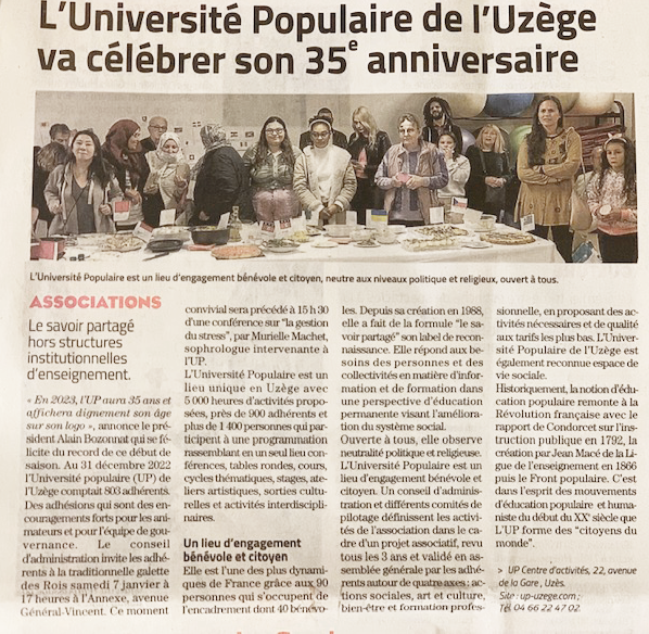 04/01 | L'Université Populaire de l'Uzège va célébrer son 35ème anniversaire