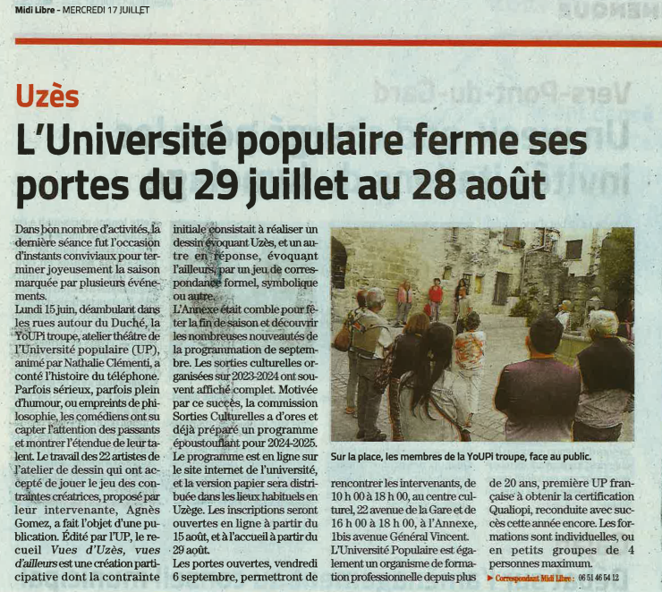 L'Université Populaire ferme ses portes du 29 juillet au 28 août