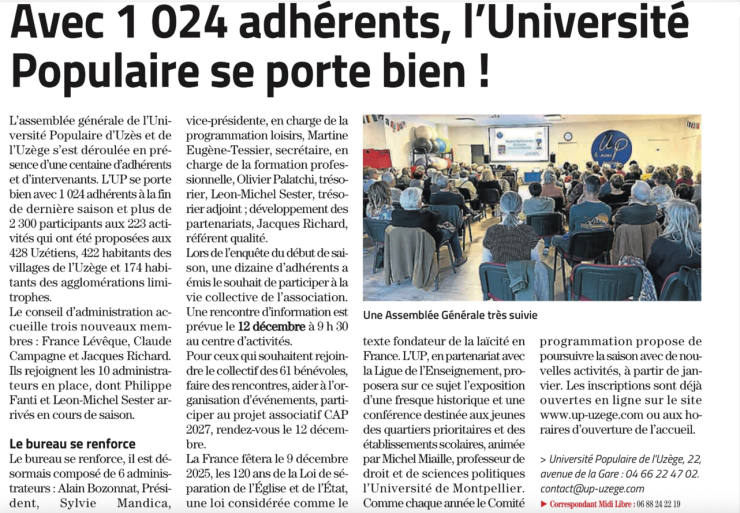 Avec 1024 adhérents, l'Université Populaire se porte bien !