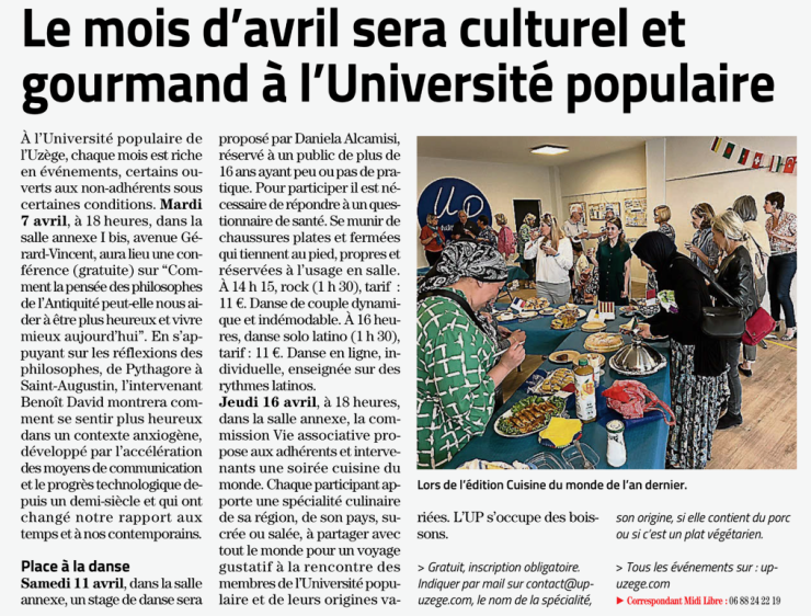 Le mois d'avril sera culturel et gourmand à l'Université populaire 